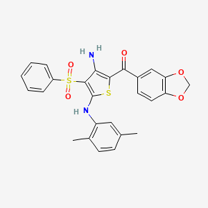molecular formula C26H22N2O5S2 B2932124 (3-Amino-5-((2,5-dimethylphenyl)amino)-4-(phenylsulfonyl)thiophen-2-yl)(benzo[d][1,3]dioxol-5-yl)methanone CAS No. 1115562-40-7