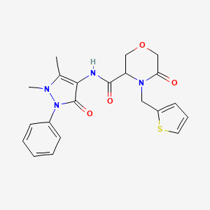 molecular formula C21H22N4O4S B2932196 N-(1,5-dimethyl-3-oxo-2-phenyl-2,3-dihydro-1H-pyrazol-4-yl)-5-oxo-4-(thiophen-2-ylmethyl)morpholine-3-carboxamide CAS No. 1421442-14-9