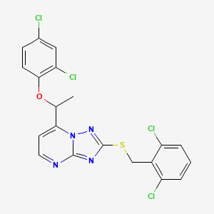 molecular formula C20H14Cl4N4OS B2932198 2-[(2,6-Dichlorobenzyl)sulfanyl]-7-[1-(2,4-dichlorophenoxy)ethyl][1,2,4]triazolo[1,5-a]pyrimidine CAS No. 338417-70-2