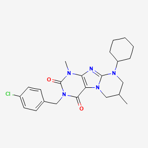 molecular formula C23H28ClN5O2 B2932218 3-[(4-chlorophenyl)methyl]-9-cyclohexyl-1,7-dimethyl-7,8-dihydro-6H-purino[7,8-a]pyrimidine-2,4-dione CAS No. 862487-84-1