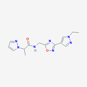 molecular formula C14H17N7O2 B2932219 N-((3-(1-ethyl-1H-pyrazol-4-yl)-1,2,4-oxadiazol-5-yl)methyl)-2-(1H-pyrazol-1-yl)propanamide CAS No. 2034229-86-0