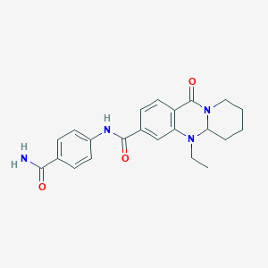molecular formula C22H24N4O3 B2932235 N-[4-(氨基羰基)苯基]-5-乙基-11-氧代-5,6,7,8,9,11-六氢-5aH-吡啶并[2,1-b]喹唑啉-3-甲酰胺 CAS No. 1574567-58-0