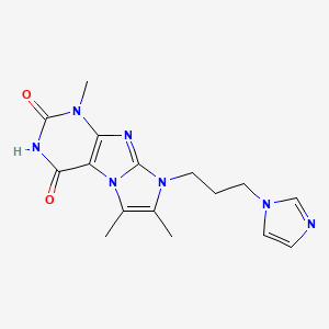 molecular formula C16H19N7O2 B2932258 8-(3-Imidazolylpropyl)-1,6,7-trimethyl-1,3,5-trihydro-4-imidazolino[1,2-h]puri ne-2,4-dione CAS No. 879461-31-1