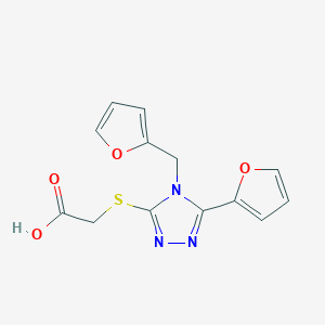 molecular formula C13H11N3O4S B2932320 2-{[5-(furan-2-yl)-4-(furan-2-ylmethyl)-4H-1,2,4-triazol-3-yl]sulfanyl}acetic acid CAS No. 557066-48-5