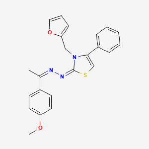 molecular formula C23H21N3O2S B2932324 (E)-3-(furan-2-ylmethyl)-2-((Z)-(1-(4-methoxyphenyl)ethylidene)hydrazono)-4-phenyl-2,3-dihydrothiazole CAS No. 380318-12-7