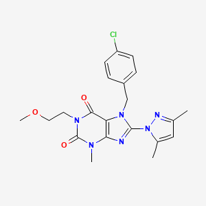 molecular formula C21H23ClN6O3 B2932367 7-(4-chlorobenzyl)-8-(3,5-dimethyl-1H-pyrazol-1-yl)-1-(2-methoxyethyl)-3-methyl-1H-purine-2,6(3H,7H)-dione CAS No. 1013970-94-9
