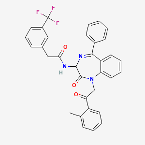 molecular formula C33H26F3N3O3 B2932382 N-(2,5-diaza-2-(2-(2-methylphenyl)-2-oxoethyl)-3-oxo-6-phenylbicyclo[5.4.0]undeca-1(7),5,8,10-tetraen-4-yl)-2-(3-(trifluoromethyl)phenyl)ethanamide CAS No. 1796920-41-6