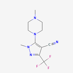 molecular formula C11H14F3N5 B2932398 1-methyl-5-(4-methylpiperazino)-3-(trifluoromethyl)-1H-pyrazole-4-carbonitrile CAS No. 324009-09-8