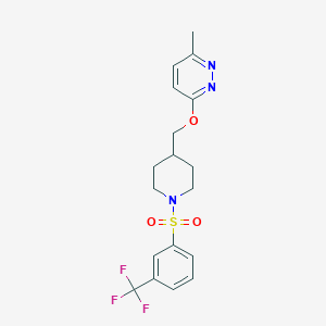 molecular formula C18H20F3N3O3S B2932429 3-Methyl-6-[[1-[3-(trifluoromethyl)phenyl]sulfonylpiperidin-4-yl]methoxy]pyridazine CAS No. 2379972-56-0