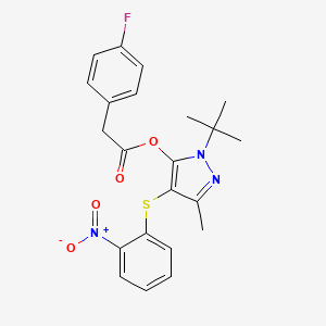 molecular formula C22H22FN3O4S B2932438 [2-Tert-butyl-5-methyl-4-(2-nitrophenyl)sulfanylpyrazol-3-yl] 2-(4-fluorophenyl)acetate CAS No. 851127-22-5