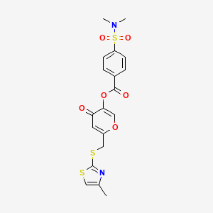 molecular formula C19H18N2O6S3 B2932443 6-(((4-methylthiazol-2-yl)thio)methyl)-4-oxo-4H-pyran-3-yl 4-(N,N-dimethylsulfamoyl)benzoate CAS No. 896306-35-7