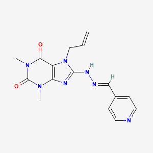 molecular formula C16H17N7O2 B2932458 (E)-7-烯丙基-1,3-二甲基-8-(2-(吡啶-4-基亚甲基)肼基)-1H-嘌呤-2,6(3H,7H)-二酮 CAS No. 377060-10-1