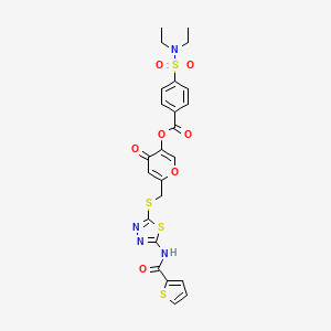 molecular formula C24H22N4O7S4 B2932532 4-oxo-6-(((5-(thiophene-2-carboxamido)-1,3,4-thiadiazol-2-yl)thio)methyl)-4H-pyran-3-yl 4-(N,N-diethylsulfamoyl)benzoate CAS No. 877643-48-6