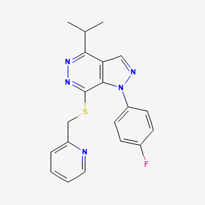 molecular formula C20H18FN5S B2932537 1-(4-氟苯基)-4-异丙基-7-((吡啶-2-基甲基)硫代)-1H-吡唑并[3,4-d]嘧啶 CAS No. 1105237-26-0