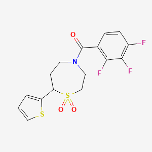 molecular formula C16H14F3NO3S2 B2932548 (1,1-Dioxido-7-(thiophen-2-yl)-1,4-thiazepan-4-yl)(2,3,4-trifluorophenyl)methanone CAS No. 2034335-02-7