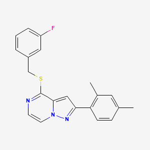 molecular formula C21H18FN3S B2932555 2-(2,4-Dimethylphenyl)-4-[(3-fluorobenzyl)thio]pyrazolo[1,5-a]pyrazine CAS No. 1207015-05-1