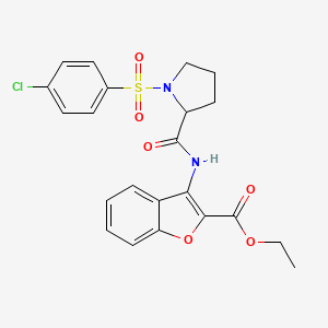 molecular formula C22H21ClN2O6S B2932563 Ethyl 3-(1-((4-chlorophenyl)sulfonyl)pyrrolidine-2-carboxamido)benzofuran-2-carboxylate CAS No. 1048646-57-6