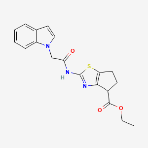 molecular formula C19H19N3O3S B2932572 ethyl 2-(2-(1H-indol-1-yl)acetamido)-5,6-dihydro-4H-cyclopenta[d]thiazole-4-carboxylate CAS No. 1219902-05-2