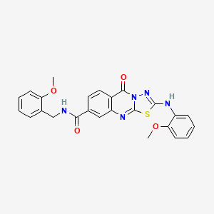 molecular formula C25H21N5O4S B2932613 2-[(2-methoxyphenyl)amino]-N-[(2-methoxyphenyl)methyl]-5-oxo-5H-[1,3,4]thiadiazolo[2,3-b]quinazoline-8-carboxamide CAS No. 894250-98-7