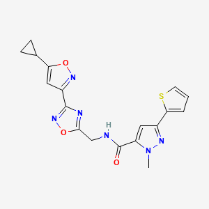 molecular formula C18H16N6O3S B2932624 N-((3-(5-cyclopropylisoxazol-3-yl)-1,2,4-oxadiazol-5-yl)methyl)-1-methyl-3-(thiophen-2-yl)-1H-pyrazole-5-carboxamide CAS No. 1904367-57-2