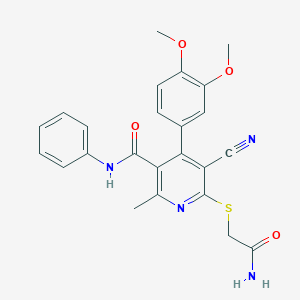 molecular formula C24H22N4O4S B2932711 6-((2-amino-2-oxoethyl)thio)-5-cyano-4-(3,4-dimethoxyphenyl)-2-methyl-N-phenylnicotinamide CAS No. 370845-13-9