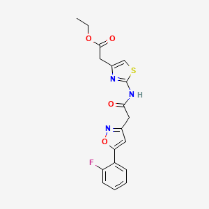 molecular formula C18H16FN3O4S B2932731 Ethyl 2-(2-(2-(5-(2-fluorophenyl)isoxazol-3-yl)acetamido)thiazol-4-yl)acetate CAS No. 1105217-12-6