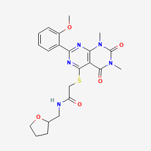 molecular formula C22H25N5O5S B2932835 2-((2-(2-methoxyphenyl)-6,8-dimethyl-5,7-dioxo-5,6,7,8-tetrahydropyrimido[4,5-d]pyrimidin-4-yl)thio)-N-((tetrahydrofuran-2-yl)methyl)acetamide CAS No. 872838-35-2