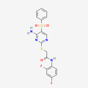 molecular formula C18H14F2N4O3S2 B2932848 2-((4-amino-5-(phenylsulfonyl)pyrimidin-2-yl)thio)-N-(2,4-difluorophenyl)acetamide CAS No. 894946-28-2