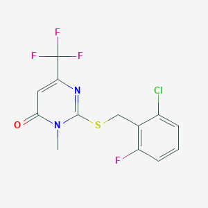 molecular formula C13H9ClF4N2OS B2932851 2-[(2-chloro-6-fluorobenzyl)sulfanyl]-3-methyl-6-(trifluoromethyl)-4(3H)-pyrimidinone CAS No. 339101-79-0