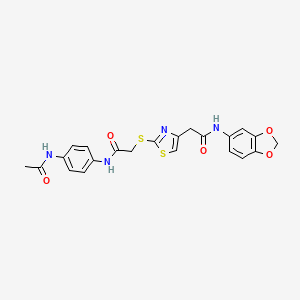 molecular formula C22H20N4O5S2 B2932854 N-(4-acetamidophenyl)-2-((4-(2-(benzo[d][1,3]dioxol-5-ylamino)-2-oxoethyl)thiazol-2-yl)thio)acetamide CAS No. 941937-38-8