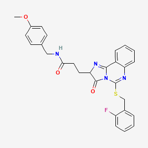 molecular formula C28H25FN4O3S B2932873 3-(5-{[(2-fluorophenyl)methyl]sulfanyl}-3-oxo-2H,3H-imidazo[1,2-c]quinazolin-2-yl)-N-[(4-methoxyphenyl)methyl]propanamide CAS No. 1095324-96-1