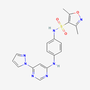 molecular formula C18H17N7O3S B2932987 N-(4-((6-(1H-pyrazol-1-yl)pyrimidin-4-yl)amino)phenyl)-3,5-dimethylisoxazole-4-sulfonamide CAS No. 1207018-45-8
