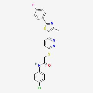molecular formula C22H16ClFN4OS2 B2933012 N-(4-氯苯基)-2-((6-(2-(4-氟苯基)-4-甲基噻唑-5-基)吡哒嗪-3-基)硫代)乙酰胺 CAS No. 923202-05-5