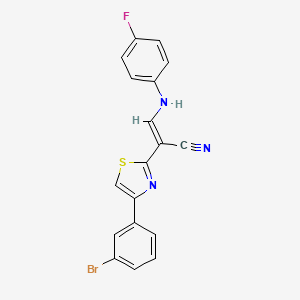 molecular formula C18H11BrFN3S B2933038 (2E)-2-[4-(3-bromophenyl)-1,3-thiazol-2-yl]-3-[(4-fluorophenyl)amino]prop-2-enenitrile CAS No. 374611-95-7