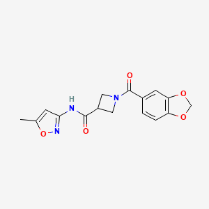 molecular formula C16H15N3O5 B2933045 1-(benzo[d][1,3]dioxole-5-carbonyl)-N-(5-methylisoxazol-3-yl)azetidine-3-carboxamide CAS No. 1396885-93-0