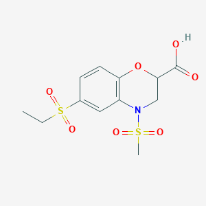 molecular formula C12H15NO7S2 B2933089 6-(ethylsulfonyl)-4-(methylsulfonyl)-3,4-dihydro-2H-1,4-benzoxazine-2-carboxylic acid CAS No. 866050-99-9