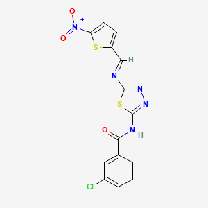 molecular formula C14H8ClN5O3S2 B2933111 (E)-3-chloro-N-(5-(((5-nitrothiophen-2-yl)methylene)amino)-1,3,4-thiadiazol-2-yl)benzamide CAS No. 321556-26-7