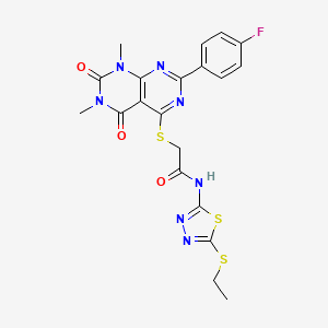 molecular formula C20H18FN7O3S3 B2933176 N-(5-(ethylthio)-1,3,4-thiadiazol-2-yl)-2-((2-(4-fluorophenyl)-6,8-dimethyl-5,7-dioxo-5,6,7,8-tetrahydropyrimido[4,5-d]pyrimidin-4-yl)thio)acetamide CAS No. 852170-89-9