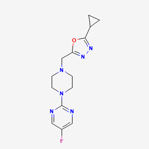 molecular formula C14H17FN6O B2933180 2-Cyclopropyl-5-[[4-(5-fluoropyrimidin-2-yl)piperazin-1-yl]methyl]-1,3,4-oxadiazole CAS No. 2415624-71-2