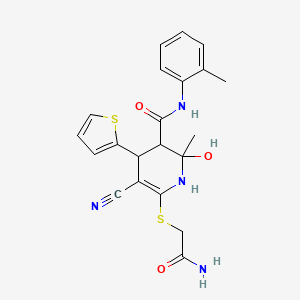 molecular formula C21H22N4O3S2 B2933185 6-((2-amino-2-oxoethyl)thio)-5-cyano-2-hydroxy-2-methyl-4-(thiophen-2-yl)-N-(o-tolyl)-1,2,3,4-tetrahydropyridine-3-carboxamide CAS No. 318245-73-7