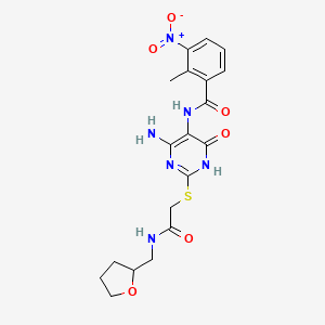 molecular formula C19H22N6O6S B2933199 N-(4-amino-6-oxo-2-((2-oxo-2-(((tetrahydrofuran-2-yl)methyl)amino)ethyl)thio)-1,6-dihydropyrimidin-5-yl)-2-methyl-3-nitrobenzamide CAS No. 888419-71-4