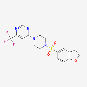 molecular formula C17H17F3N4O3S B2933216 4-(4-((2,3-Dihydrobenzofuran-5-yl)sulfonyl)piperazin-1-yl)-6-(trifluoromethyl)pyrimidine CAS No. 2034442-04-9