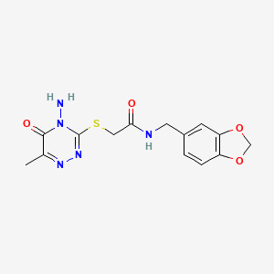 molecular formula C14H15N5O4S B2933265 2-[(4-amino-6-methyl-5-oxo-4,5-dihydro-1,2,4-triazin-3-yl)sulfanyl]-N-[(2H-1,3-benzodioxol-5-yl)methyl]acetamide CAS No. 746607-78-3