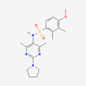 molecular formula C19H26N4O3S B2933299 N-(4,6-dimethyl-2-(pyrrolidin-1-yl)pyrimidin-5-yl)-4-methoxy-2,3-dimethylbenzenesulfonamide CAS No. 1448050-31-4