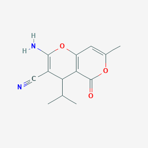 molecular formula C13H14N2O3 B2933370 2-Amino-4-isopropyl-7-methyl-5-oxo-4H,5H-pyrano[4,3-b]pyran-3-carbonitrile CAS No. 443646-94-4