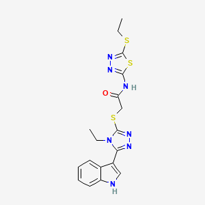 molecular formula C18H19N7OS3 B2933531 2-((4-ethyl-5-(1H-indol-3-yl)-4H-1,2,4-triazol-3-yl)thio)-N-(5-(ethylthio)-1,3,4-thiadiazol-2-yl)acetamide CAS No. 1209984-63-3