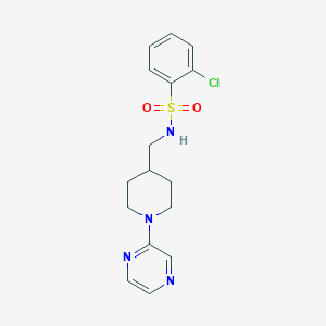 molecular formula C16H19ClN4O2S B2933600 2-chloro-N-((1-(pyrazin-2-yl)piperidin-4-yl)methyl)benzenesulfonamide CAS No. 1396876-46-2