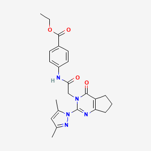 molecular formula C23H25N5O4 B2933624 ethyl 4-({[2-(3,5-dimethyl-1H-pyrazol-1-yl)-4-oxo-4,5,6,7-tetrahydro-3H-cyclopenta[d]pyrimidin-3-yl]acetyl}amino)benzoate CAS No. 1006785-80-3