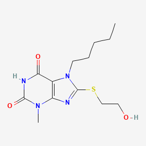 molecular formula C13H20N4O3S B2933636 8-(2-Hydroxyethylsulfanyl)-3-methyl-7-pentylpurine-2,6-dione CAS No. 331841-60-2