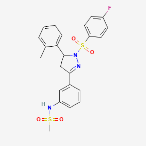 molecular formula C23H22FN3O4S2 B2933640 N-[3-[2-(4-fluorophenyl)sulfonyl-3-(2-methylphenyl)-3,4-dihydropyrazol-5-yl]phenyl]methanesulfonamide CAS No. 851782-51-9